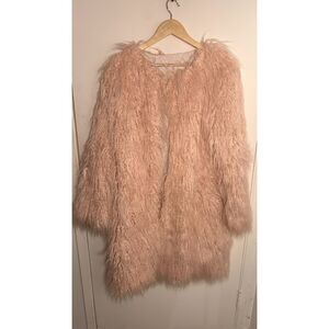 Blush Pink Shaggy Mongolian Faux Fur Coat Open Front Jacket Pockets